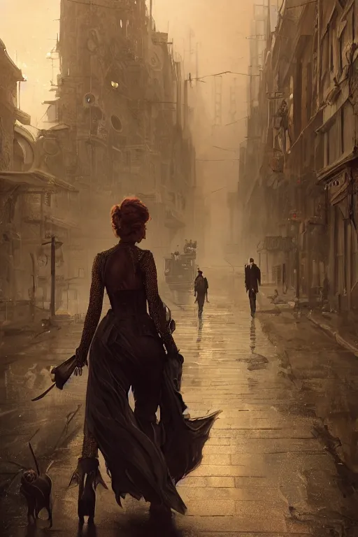 Image similar to a fancy portrait of Jenifer Lawrence walking down the street of a steampunk city by Greg Rutkowski, Sung Choi, Mitchell Mohrhauser, Maciej Kuciara, Johnson Ting, Maxim Verehin, Peter Konig, final fantasy , mythical, 8k photorealistic, cinematic lighting, HD, high details, atmospheric,