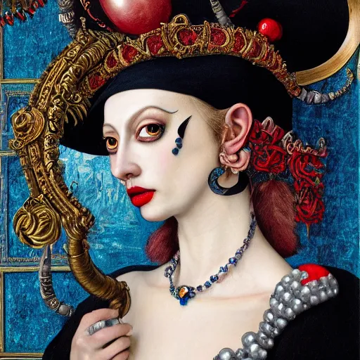 Prompt: Detailed maximalist stunning portrait of gorgeous dark elf with beautiful piercing eyes dressed in a jester’s hat with a monocle, HD mixed media, 3D collage, highly detailed and intricate, masterpiece, award-winning, surreal illustration in the style of Caravaggio, dark art, baroque