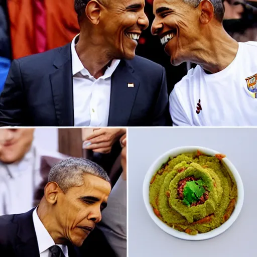 Image similar to Messi and Obama eat hummus and falafel