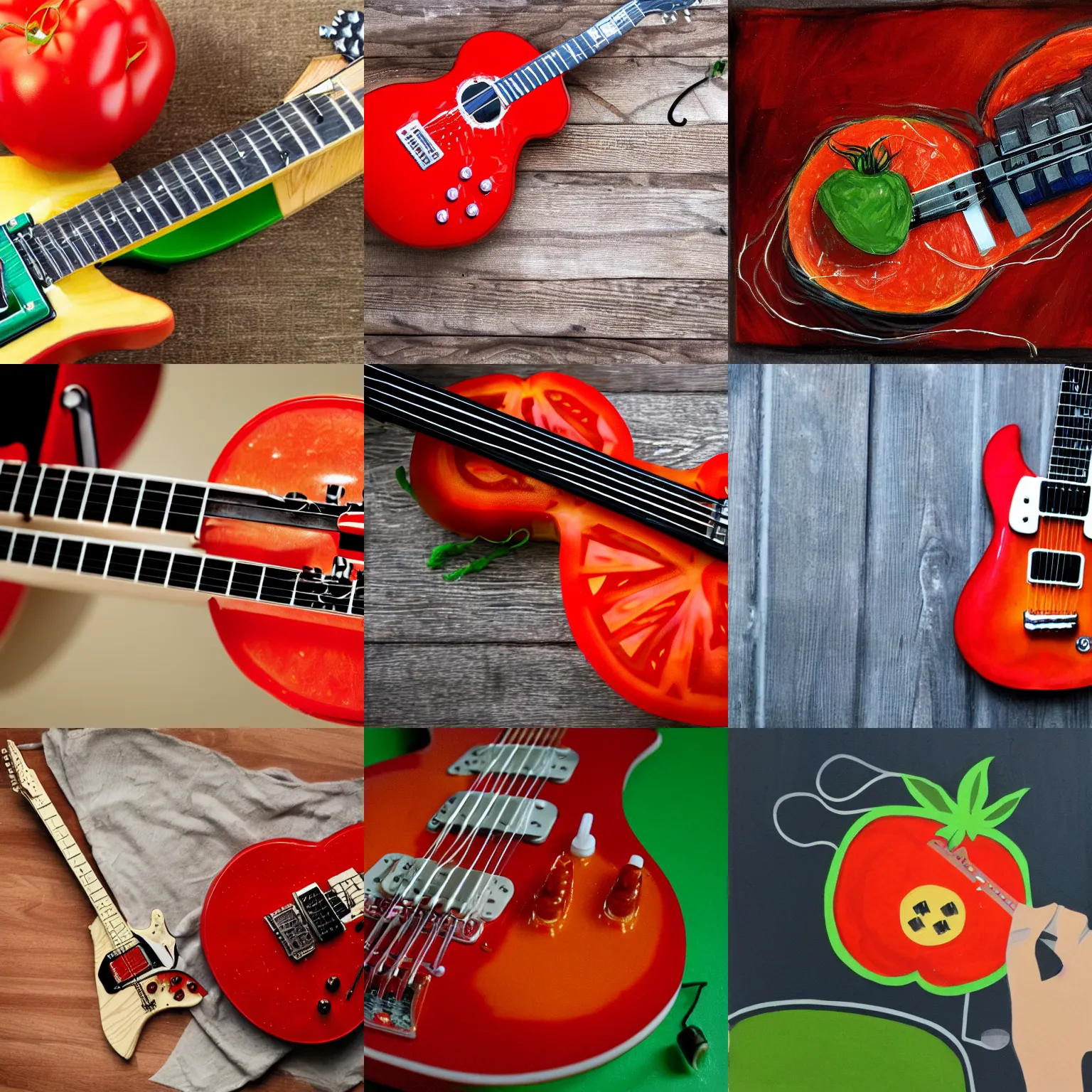 Prompt: tomato playing an electric guitar
