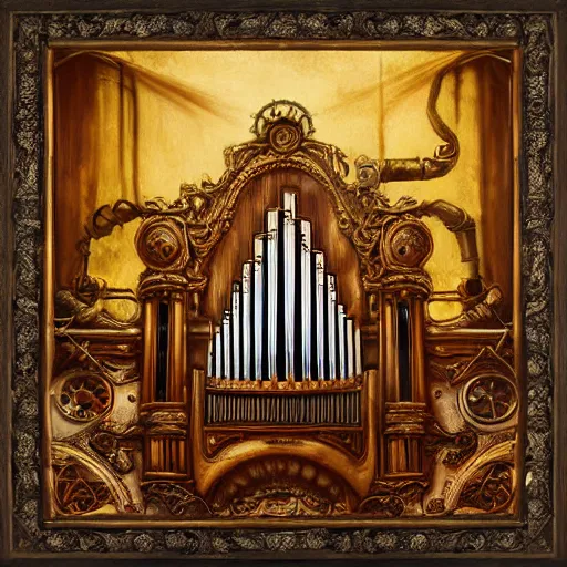 Image similar to steampunk pipe organ lp album art, intricate detail, mechanical, baroque oil painting