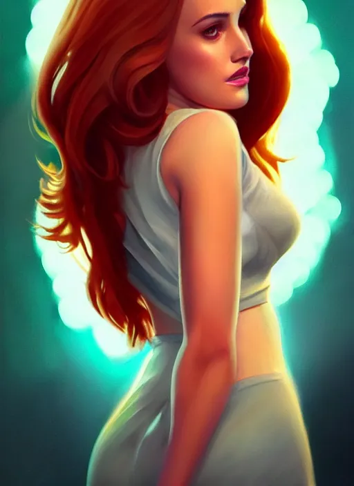 Image similar to full body portrait of teenage cheryl blossom, bangs, green eyes, mischievous expression, red hair, sultry smirk, bangs and wavy hair, intricate, elegant, glowing lights, highly detailed, digital painting, artstation, concept art, smooth, sharp focus, illustration, art by wlop, mars ravelo and greg rutkowski