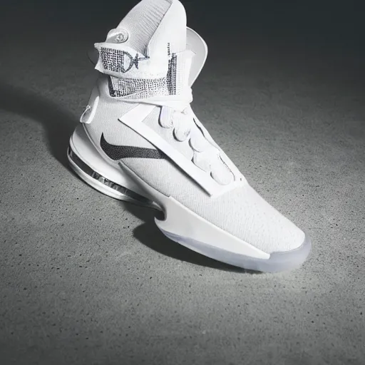 Image similar to a studio photoshoot of A Nike Lebron sneaker designed by Virgil Abloh, mesh fabrics, Off-White, realistic, color film photography by Tlyer Mitchell, 35 mm, graflex