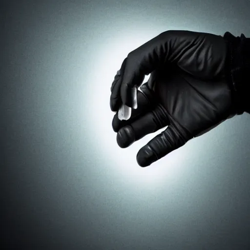 Image similar to a black gloved hand holding a dinly glowing shard of kryptonite in pitch black