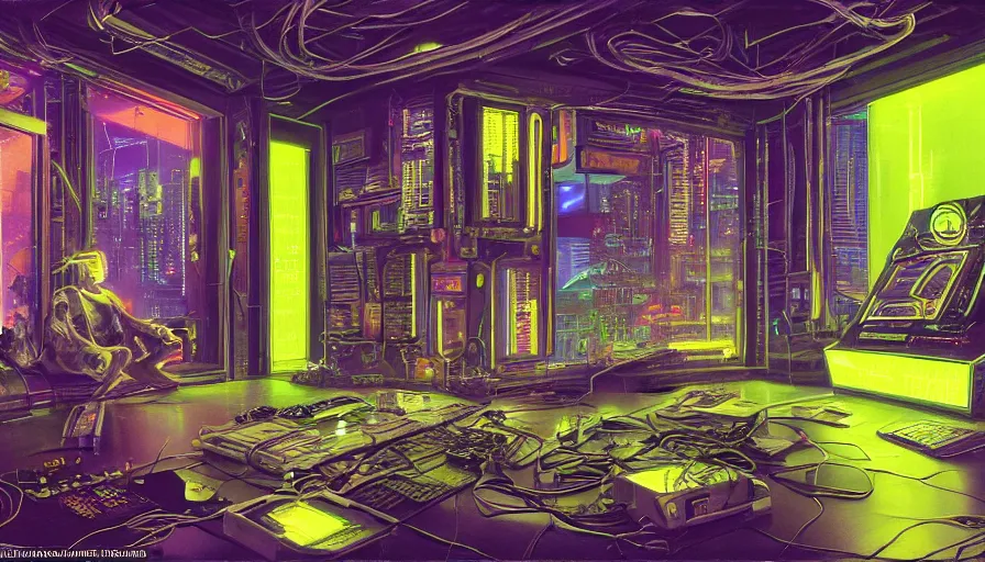 Image similar to A highly detailed rendering of a Cyberpunk hackers bedroom which has sophisticated hi-tech holographic wall boards and screens surrounded by messy cables, soft neon yellow lighting, reflective surfaces, sci-fi concept art, by Syd Mead, by H.R.Giger, highly detailed, oil on canvas