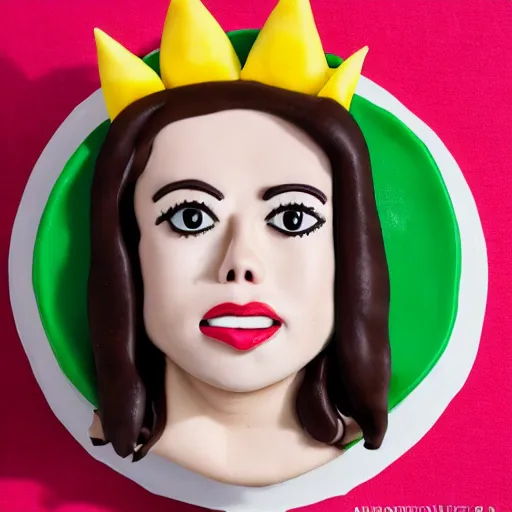 Image similar to aubrey plaza as a birthday cake : : highly detailled food photography,