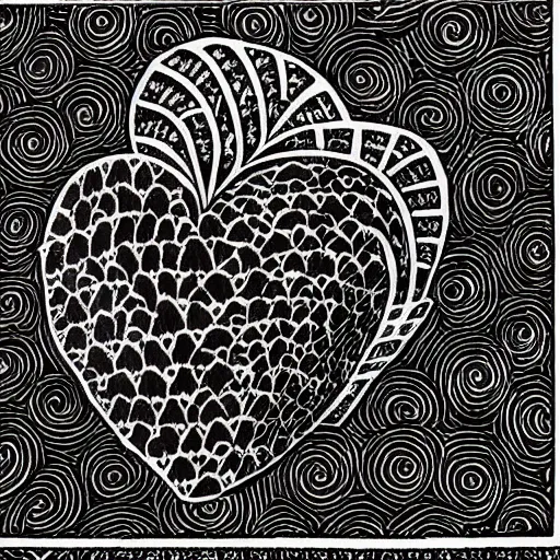 Image similar to burning heart, detailed intricate block print, 4k, black ink on white paper