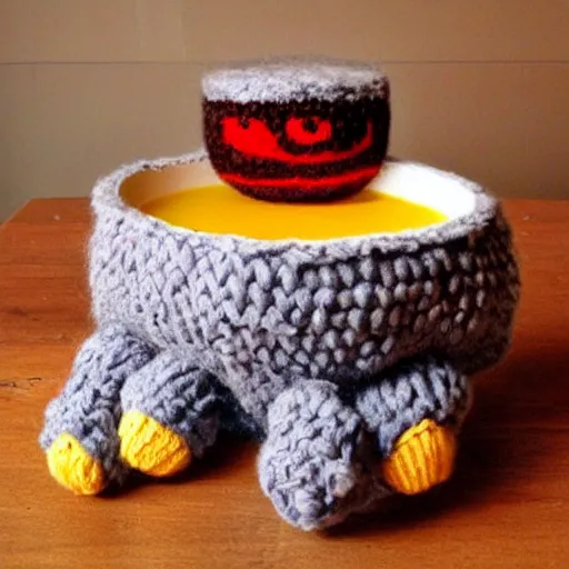 Image similar to a bowl of soup that looks like a monster, knitted out of wool