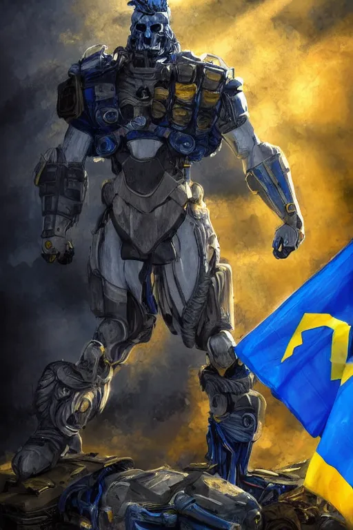Prompt: a full body shot from distance of a super soldier with a Ukrainian blue and yellow stripes flag standing in the beam of light from the clouds on a pile of skulls and rotten cars as a winner, masculine figure, D&D, fantasy, intricate, elegant, highly detailed, digital painting, artstation, concept art, matte, sharp focus, symmetrical, illustration, hyperrealistic, super realistic art by Artgerm and Greg Rutkowski and Alphonse Mucha