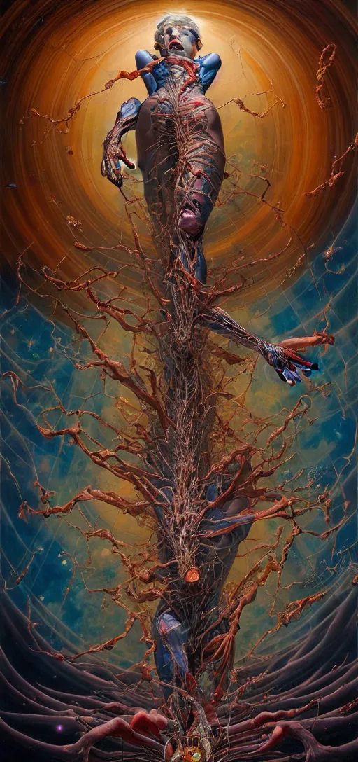 Image similar to a tall, fleshy anatomical figure with extra limbs, hovering in the air, zero gravity, neurons firing, rich colours, karol bak, mark brooks, hauntingly surreal, highly detailed painting by katsuhiro otomo, part by james jean, part by adrian ghenie, part by gerhard richter, soft light 4 k