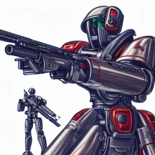 Image similar to ruger redhawk 3 5 7 8 shot revolver mobile combat suit firearm rococo robot, biomechanical, handgun mecha android, detailed illustration, concept art, smooth, sharp focus, by rem koolhas, bandai macross box art