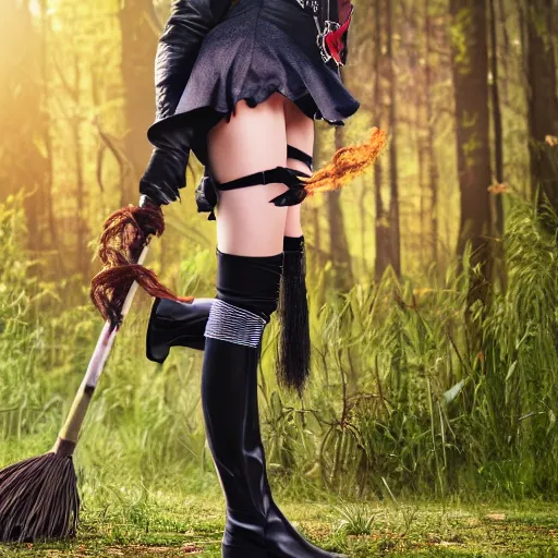 Image similar to young woman witch with magic wand and broom cosplay, she wears boots, full body shot, detailed face, photo taken by nikon, 4k, high quality, very detailed, intricant