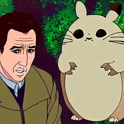 Prompt: nicholas cage as totoro, illustrated by studio ghibli