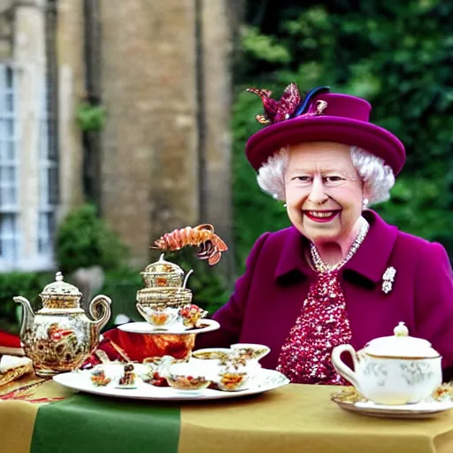 Image similar to “Queen Elizabeth having an English tea party with a mantis shrimp and an octopus, laughing”