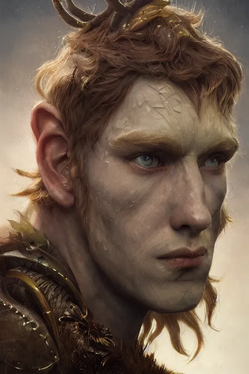 Image similar to closeup portrait shot of domhnall gleeson as puck, robin goodfellow, pooka, fairy wings, highly detailed, digital painting, artstation, concept art, soft focus, depth of field, artgerm, tomasz alen kopera, peter mohrbacher, donato giancola, wlop, boris vallejo