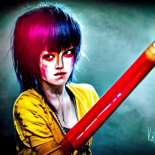 Prompt: punk girl with a spiked baseball bat, hdr, vibrant colors, lifelike, soft light, cinematic post - processing, detailed