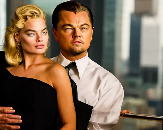 Prompt: leonardo dicaprio as the wolf of wall street next to sexy margot robbie as naomi from the wolf of wall street, hyper realistic faces, cinematic, long shot, hyper detailed, 8 5 mm photograph, 8 k resolution, film still, sharp lens, wide lens