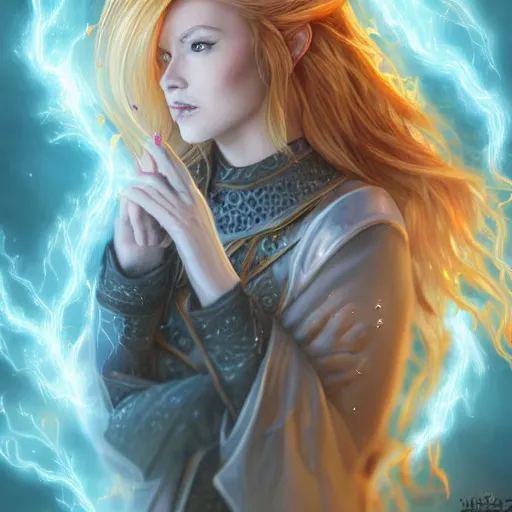 Prompt: a human wizard casting a spell, female, blonde and auburn two toned hair, crackling blue lightning, fantasy, d & d, intricate, elegant, highly detailed, digital painting, artstation, concept art, matte, sharp focus, illustration, in the style of magic the gathering