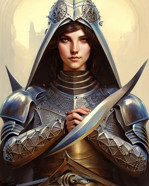 Image similar to Beautiful and playful medieval knight portrait, art nouveau, fantasy, intricate triangular designs, elegant, highly detailed, sharp focus, art by Artgerm and Greg Rutkowski and WLOP