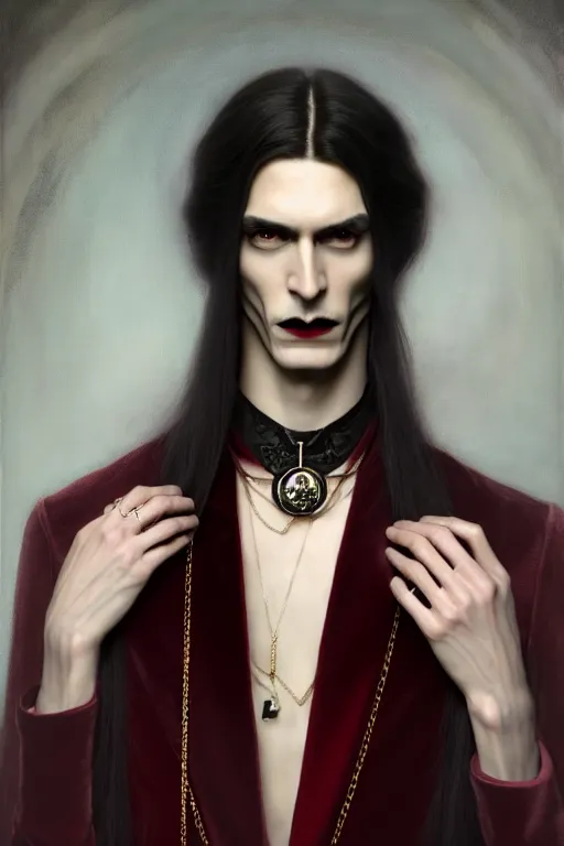 Image similar to a beautiful androgynous man, long hair, tall and thin, vampire, dressed in velvet, wearing several pendants and a choker, illustration, dramatic lighting, soft details, painting oil on canvas, art nouveau, octane render, hdr, 4 k, 8 k, hd, by edmund blair leighton, brom, charlie bowater, faces by otto schmidt