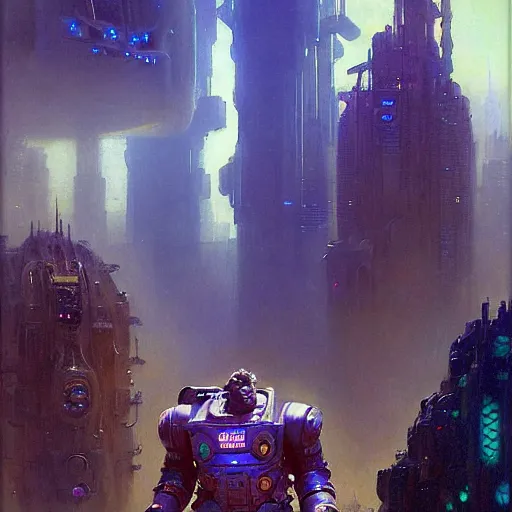 Image similar to portrait sulley from monsters inc. spaceship futuristic city. shadowrun cyberpunk fantasy d & d painting by gaston bussiere craig mullins jc leyendecker gustav klimt artgerm greg rutkowski john berkey, bergey, craig mullins, ruan jia, raymond swanland, tom lovell