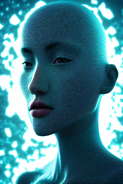 Image similar to intricate hyper detailed ultra sharp 3 d render, unsplash transparent fractal, galaxy in the background, intricate details, human face, facial features, elegant, hyper realistic, ultra detailed, octane render, volumetric cinematic lighting, 8 k post - production