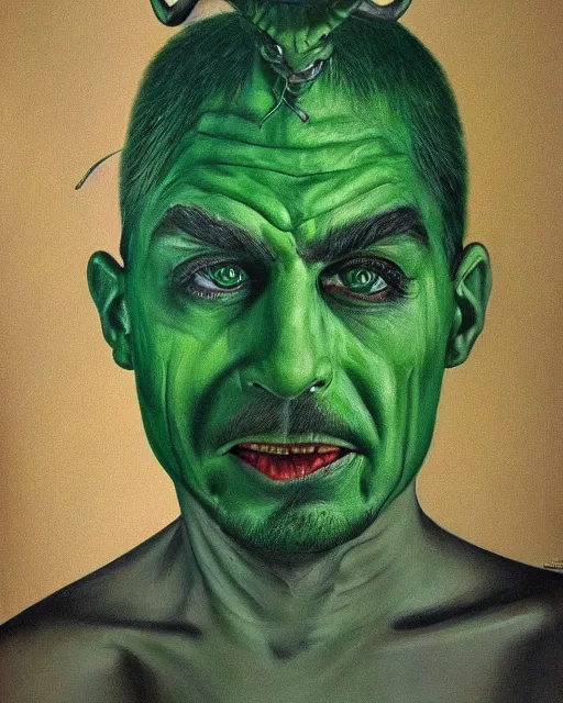 Prompt: green sad devil by peter andrew, hyperrealism