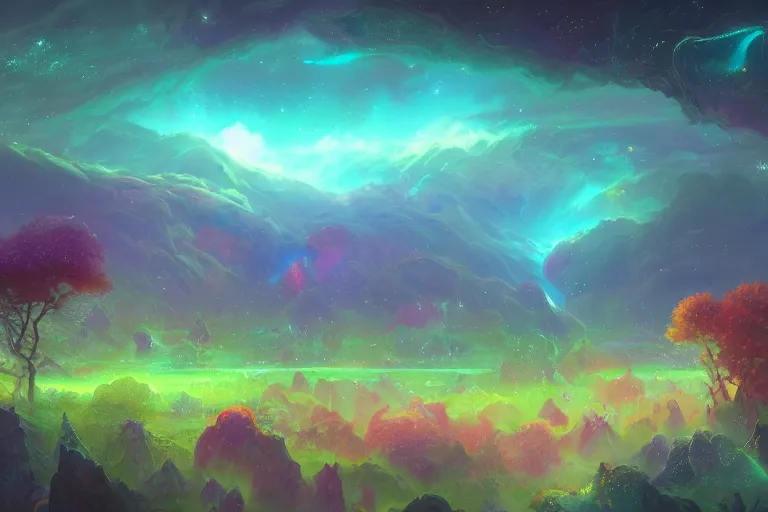 Prompt: a psychedelic nature landscape at the edge of the known universe, astral beings sharing love!!!!, in the style of greg rutkowski! and wlop and lisa frank! and bob ross!!! and ruan jia, illustration, epic, fantasy, hyper detailed, smooth, unreal engine, sharp focus, ray tracing, iridescent, subsurface scattering