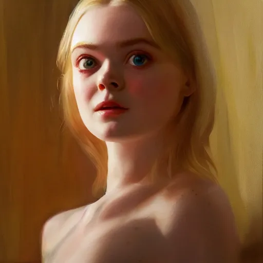 Prompt: ultra realistic medium shot portrait painting of elle fanning in prey, art by frank frazetta and edward hopper, 4 k, ultra realistic, highly detailed, epic lighting