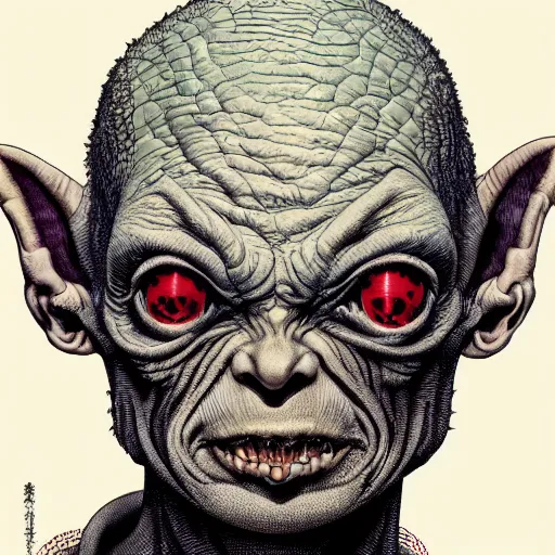 Image similar to portrait of gollum, symmetrical, by yoichi hatakenaka, masamune shirow, josan gonzales and dan mumford, ayami kojima, takato yamamoto, barclay shaw, karol bak, yukito kishiro