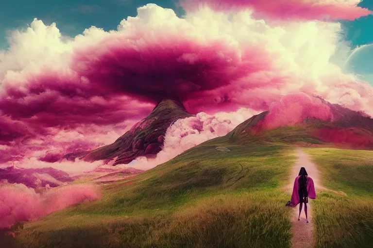 Prompt: giant dahlia flower on head, girl walking on mountain, surreal photography, pink storm clouds, dramatic light, impressionist painting, digital painting, artstation, simon stalenhag