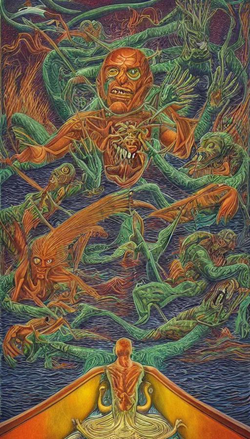 Prompt: man on boat crossing a body of water in hell with creatures in the water, sea of souls, by alex grey,