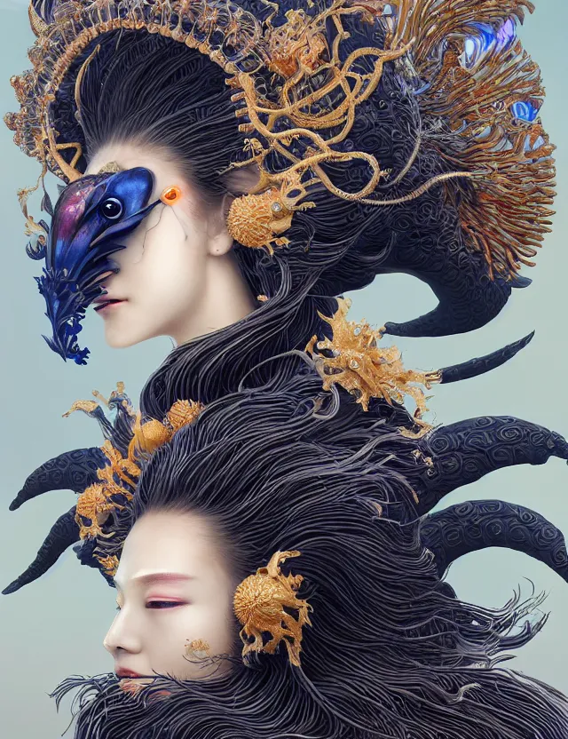 Image similar to 3 d goddess close - up profile portrait with crown, ram skull. beautiful intricately detailed japanese crow kitsune mask and clasical japanese kimono. betta fish, jellyfish phoenix, bio luminescent, plasma, ice, water, wind, creature, artwork by tooth wu and wlop and beeple and greg rutkowski