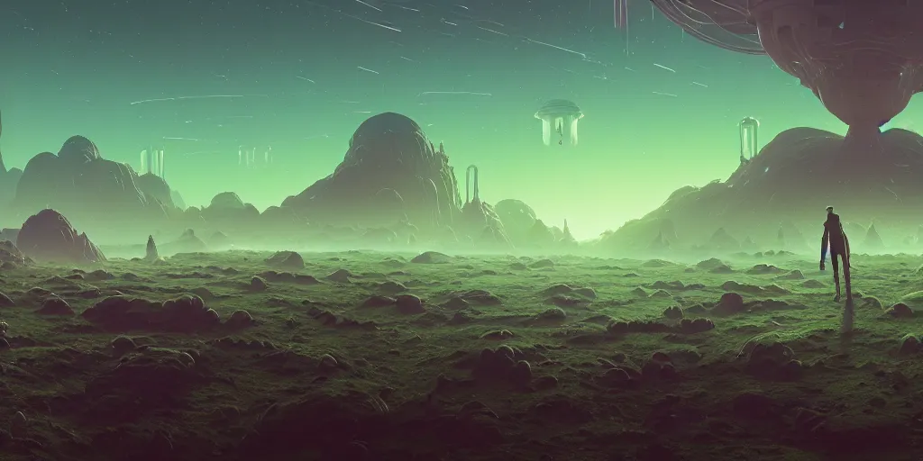 Image similar to an amazing alien landscape, digital art, breathtaking, extremely detailed, digital paintinghyperrealistic, dynamic lighting, particles, unreal engine, simon stålenhag, rendered by Beeple, Makoto Shinkai, syd meade, simon stålenhag, environment concept, trending on artstation, octane render, 4K UHD image