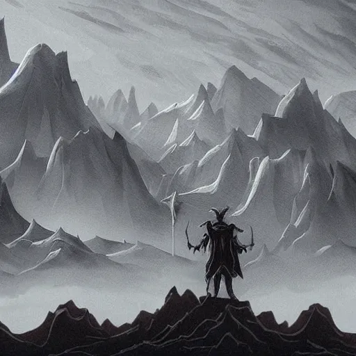 Prompt: place that is like nowhere but has mountains in the background with a doom infernal aesthetic, but also clean, with black tones, similar to a dream, with a lord of demons judging some lost souls with his skeleton pointing finger