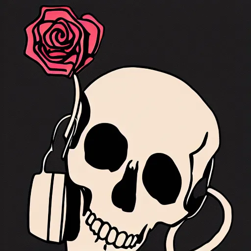 Prompt: skull with headphones and 3 roses, illustration, artwork by Mike Mignola