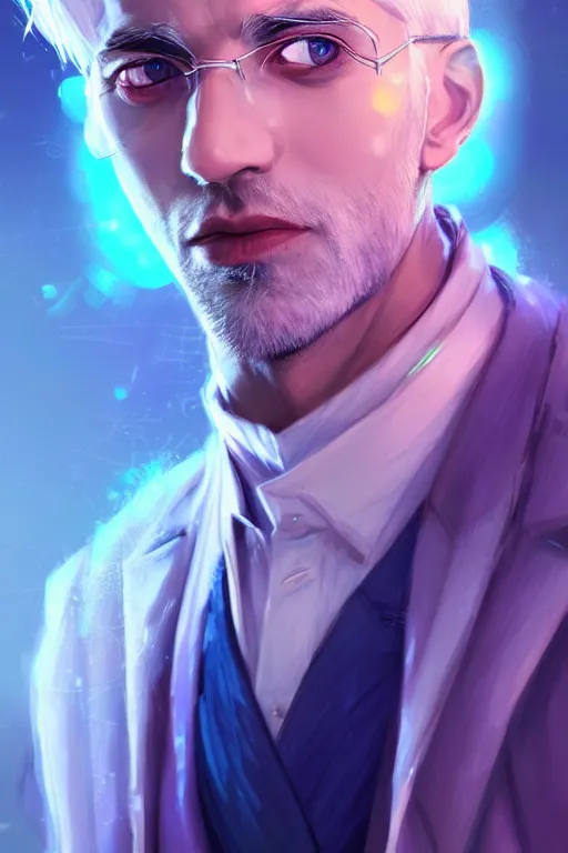 Image similar to character design, a handsome doctor with silver hair and a mixed face, blurred environment background, colorful magic effects, white skin, portrait, male, clothed, sharp focus, digital art, concept art, trending on artstation, dynamic lighting, by emylie boivin and rossdraws