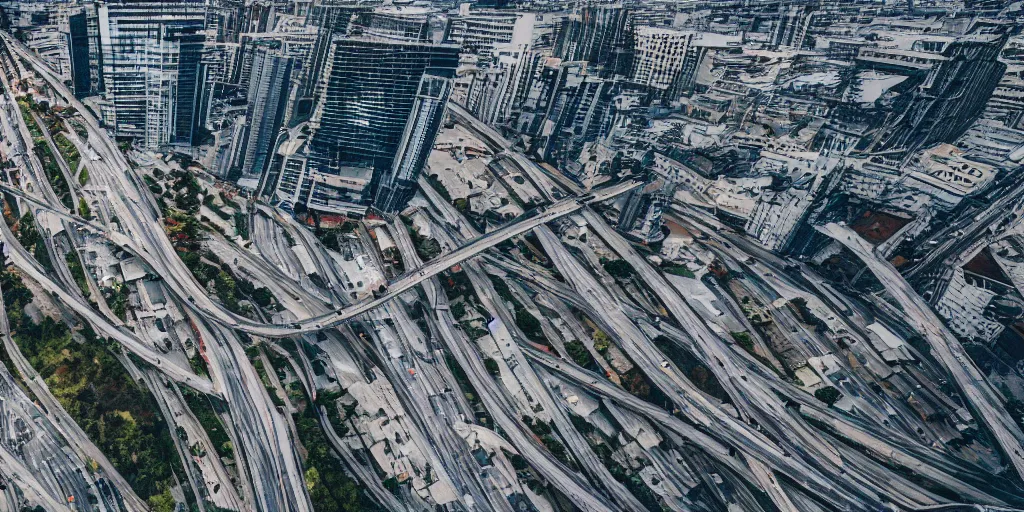 Image similar to drone view of a city with a large highway through, Brutalist architecture,sharp focus,telephoto lens,digital art,James Paick 4k