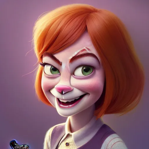 Image similar to portrait of a cartoon emma stone smiling, medium shot, zootopia, fantasy, intricate, cinematic lighting, digital painting, artstation, concept art, smooth, sharp focus, pixar zootopia illustration, art by artgerm and greg rutkowski and disney, detailed textures, award winning portrait studio lighting by jessica rossier and brian froud and gaston bussiere