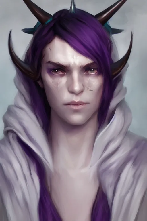 Prompt: white horns djinn human hybrid, careless, portrait, concept art, full body purple and white thich cloak, single face, illustration, costume desig, editorial photo, fashion, hyperrealism, realism, trending on artstation, Charlie Bowater, WLOP