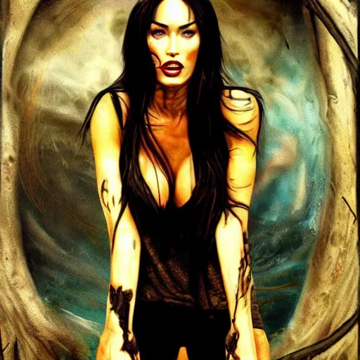 Prompt: surrealism painting of megan fox | horror themed | creepy