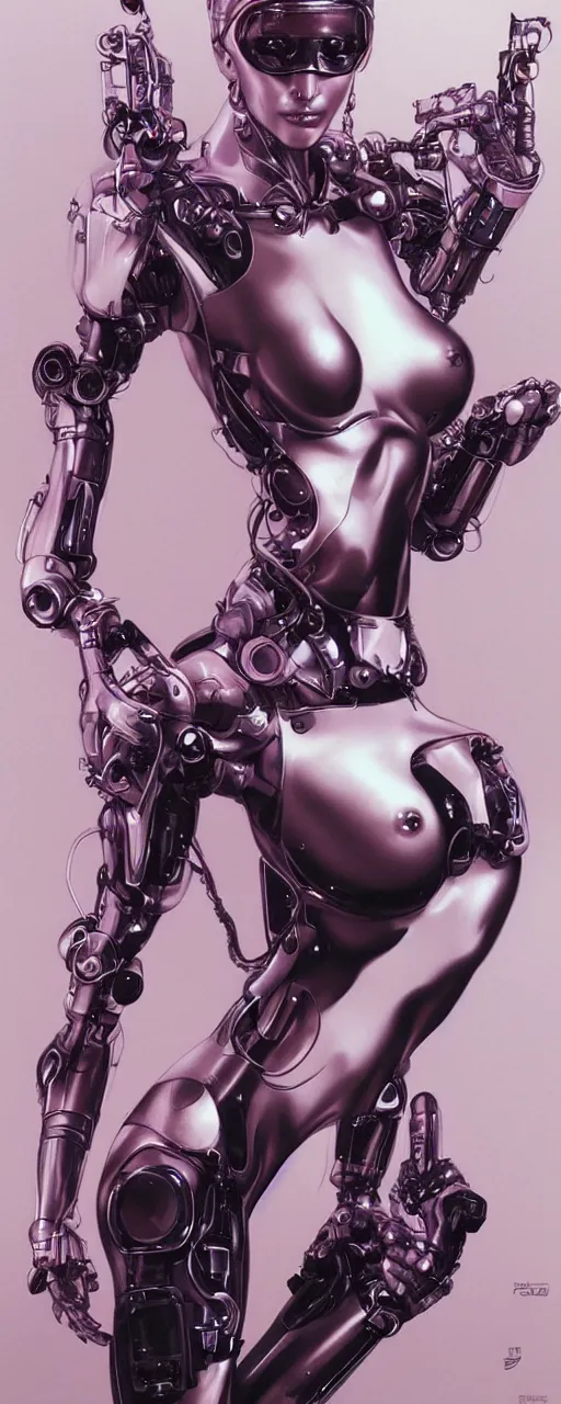 Prompt: beauty cyberpunk woman, robotic, laser, trending on artstation, by Hajime Sorayama and Boris Vallejo