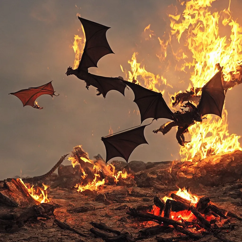 Image similar to a campfire, a dragon flying at background, dragon\'s eyes shining red/yellow seen by far at sky, people talking with each other, sun setting, and sea waves is slow