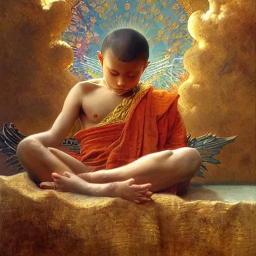 Image similar to highly detailed potrait of cunning buddhist monk kid worshipping giant crow as god praying in baroque style, painting by gaston bussiere, craig mullins, j. c. leyendecker, lights, art by ernst haeckel, john william godward, hammershøi,