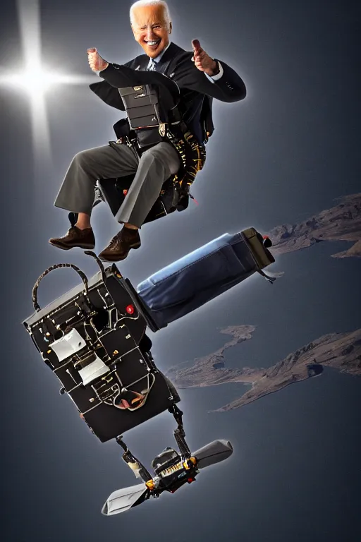 Image similar to joe biden flying with jet pack, hdr, d n d, photorealistic, cinematic, smooth, 4 k, aesthetic lighting, baroque object, sharp focus, hyperdetailed, featured face details, tumblr trending, with small object details, winning pullitzer award photo by : canon eos 5 d mark iv, by karah mew and adnan abidi and jodie bateman