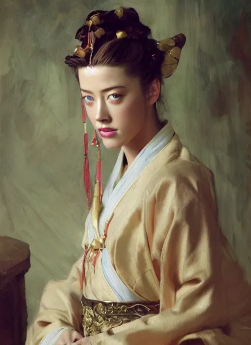 Image similar to detailed portrait of amber heard wearing hanfu, natural light, painting by gaston bussiere, craig mullins, j. c. leyendecker