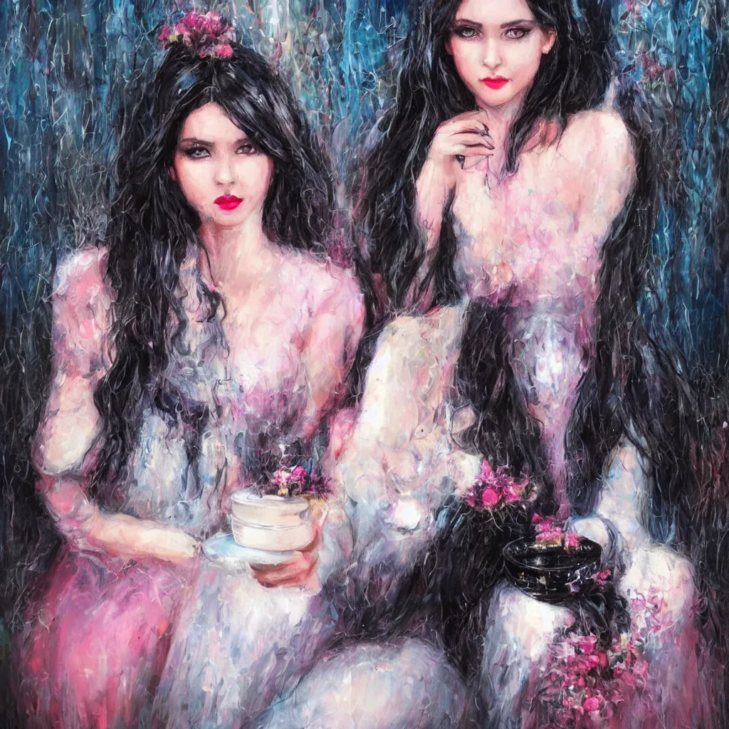 Image similar to beautiful young dark haired girl, with blue eyes, pink lips, dark eye shadow, lois royo style, dark princess of coffee, sitting on a throne drinking coffee.