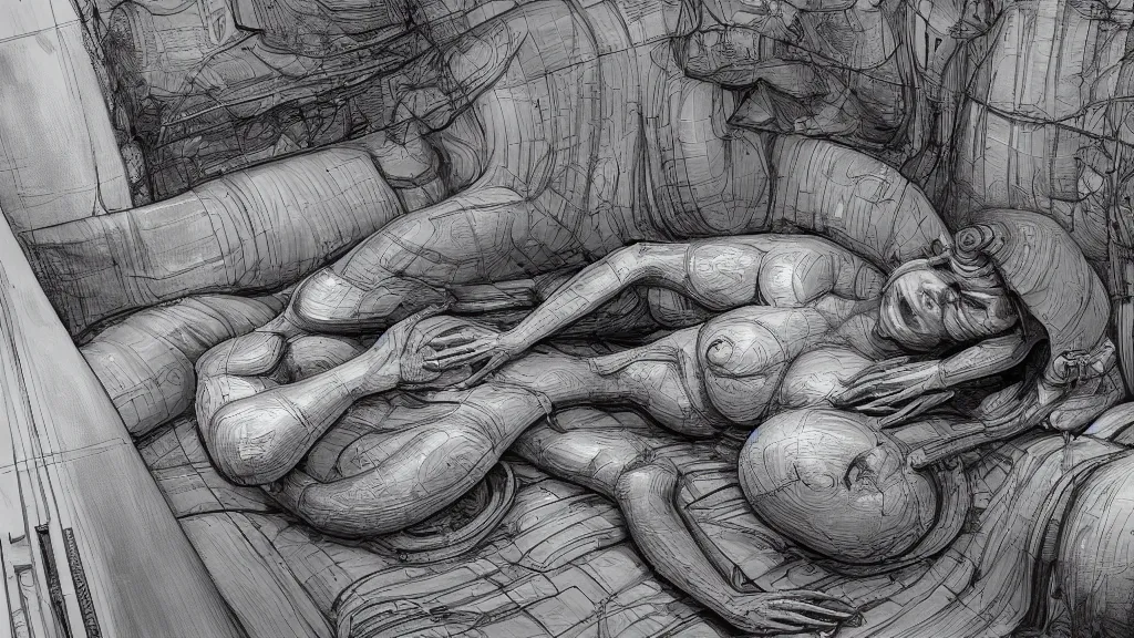 Image similar to comfortable bed that makes me want to sleep, hyperdetailed, artstation, cgsociety, style of Giger, H. R. GIGER, style of Junji Ito, 4K, highly detailed, minimalistic, minimalistic, minimalistic, fine tuned, machina