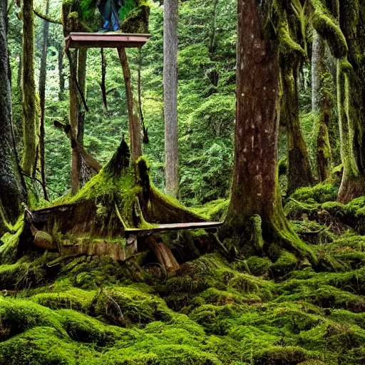 Image similar to A forest full of trees and moss, the scene contains a singular hut with a strange figure standing nearby, Photography, dark, intricate cube, Bleda, Elsa