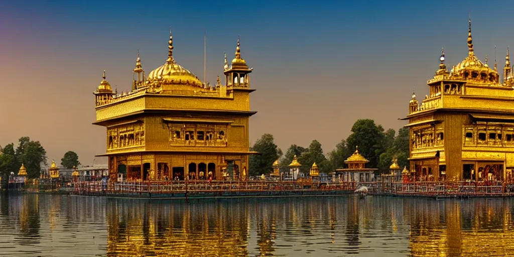 Image similar to a beautiful golden temple in the middle of a lake, cinematic, beautiful lighting and reflections, masterpiece